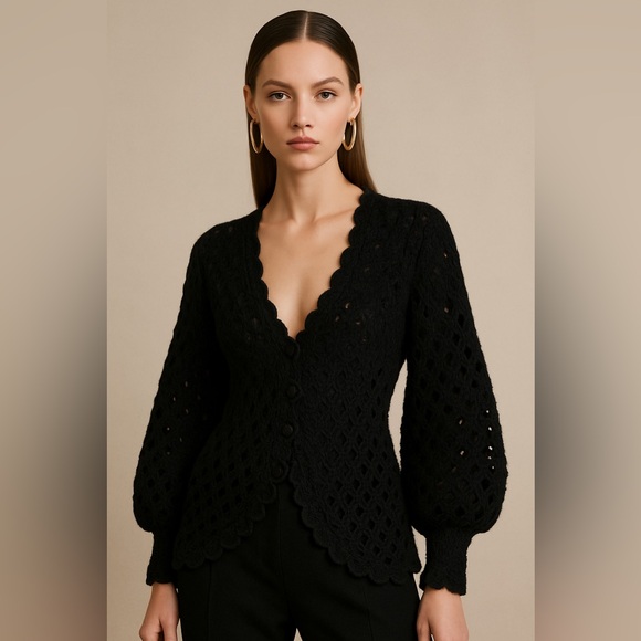 Oscar de la Renta Black Hand Knit Silk Crochet Cardigan Pre Fall